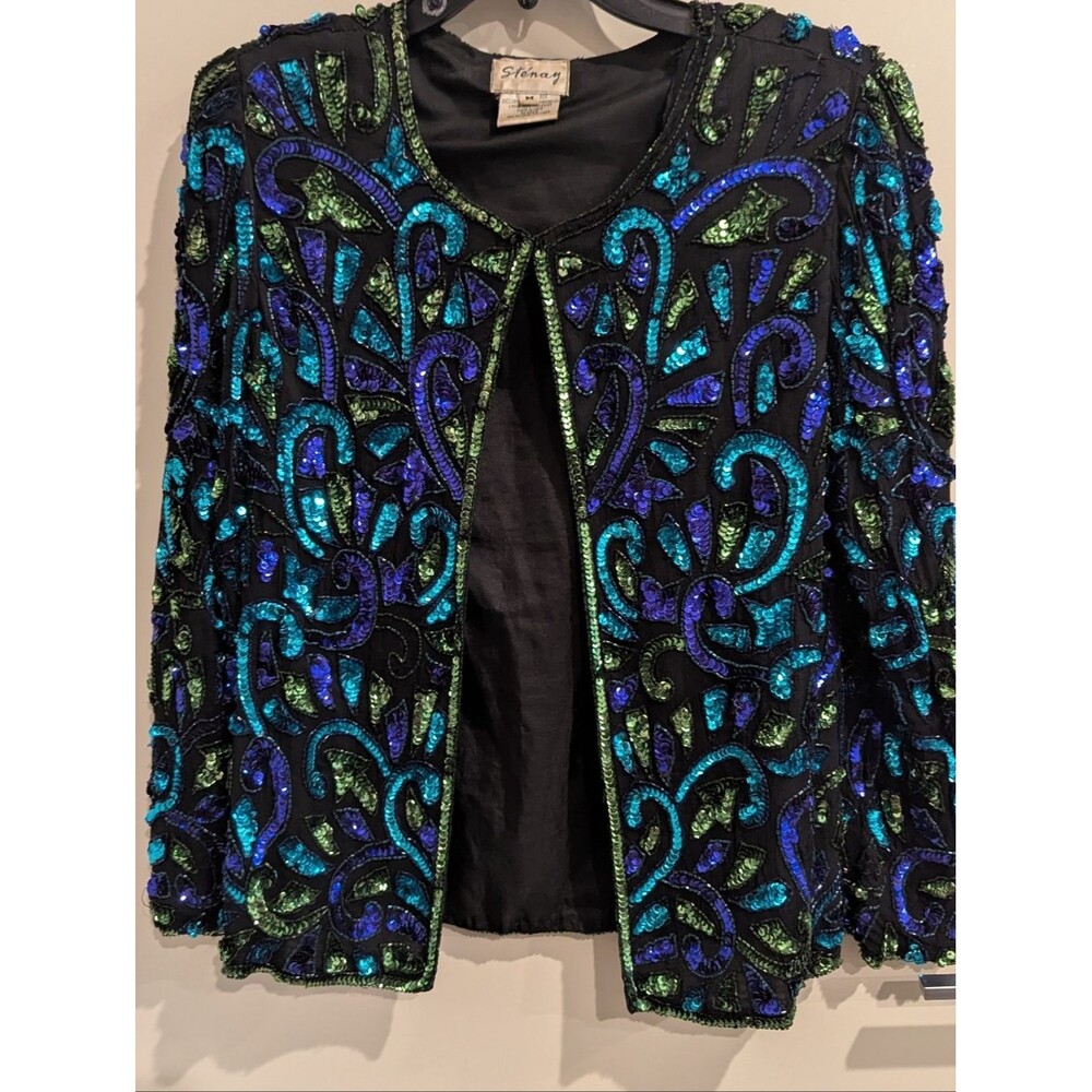 Vintage Stenay 100% Silk Beaded Sequin Evening Jacket Black Blue Green Size M